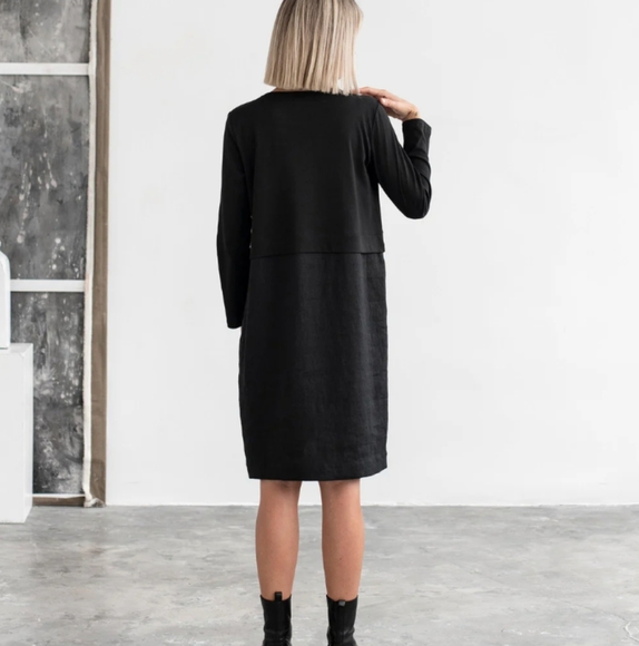 MagicLinen Elegant Black Long Sleeve Cotton and Linen Dress Size S - Picture 2 of 8